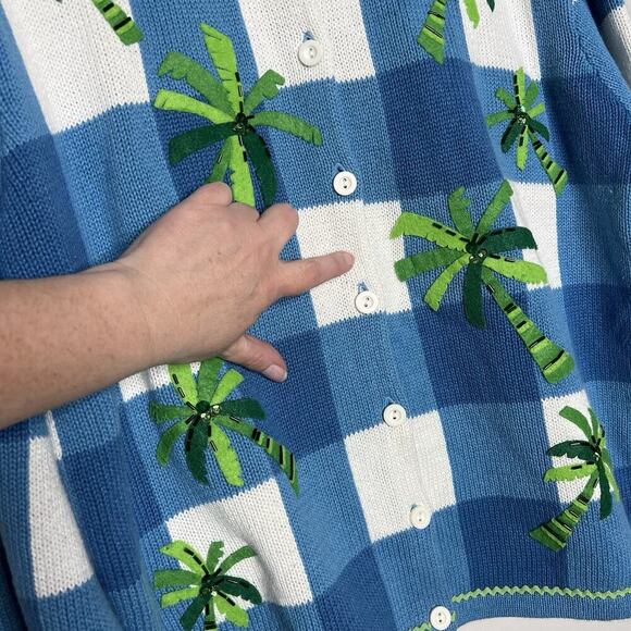 Vintage Talbots Sweater Womens XL Cardigan Patchwork Palm Trees Cable Knit 90s - Picture 8 of 13